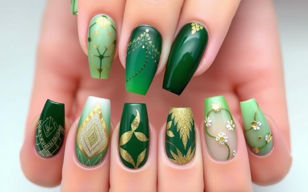 green and gold nail designs